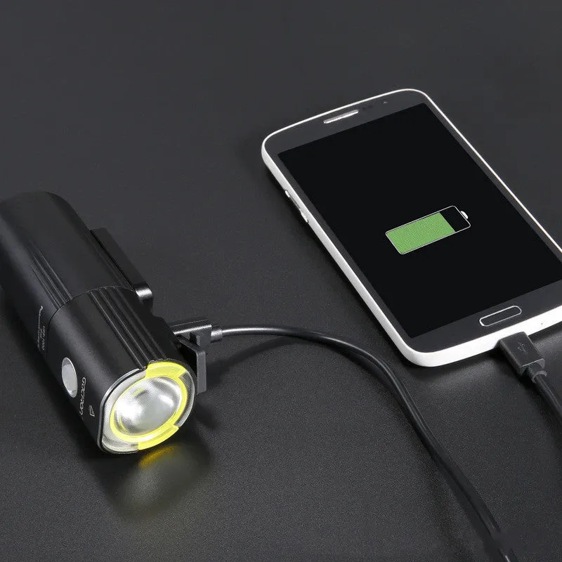 Waterproof bicycle headlight 1600 lumens CREE XML2 with power bank, black, mounted on handlebar