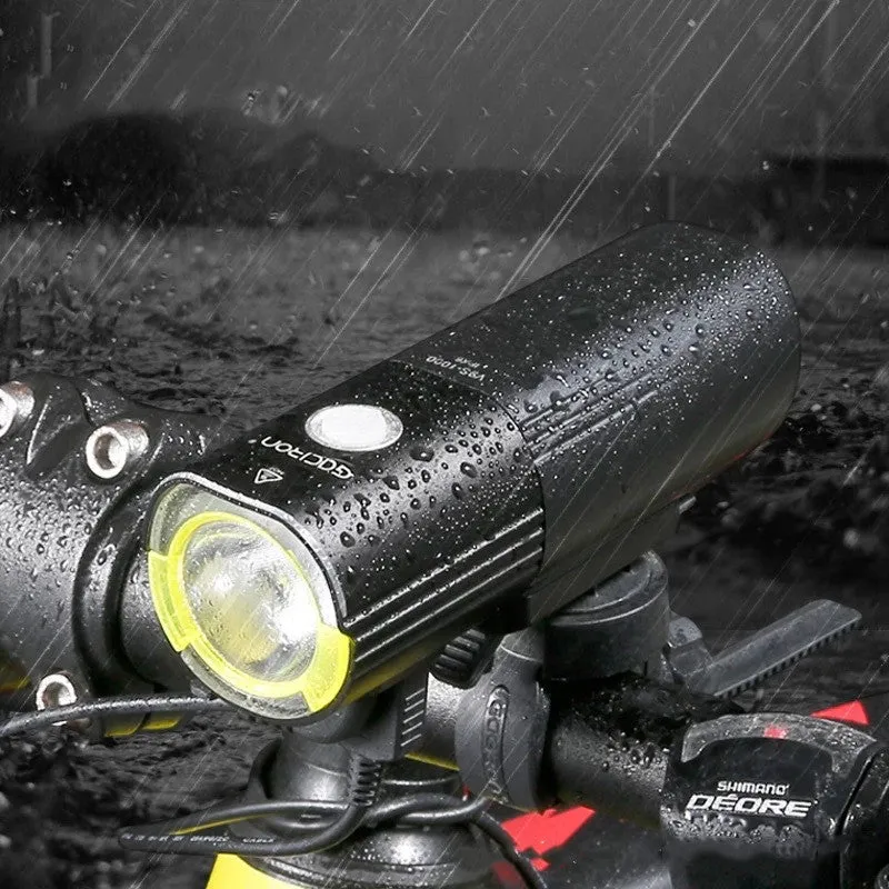 Waterproof bicycle headlight 1600 lumens CREE XML2 with power bank, black, mounted on handlebar