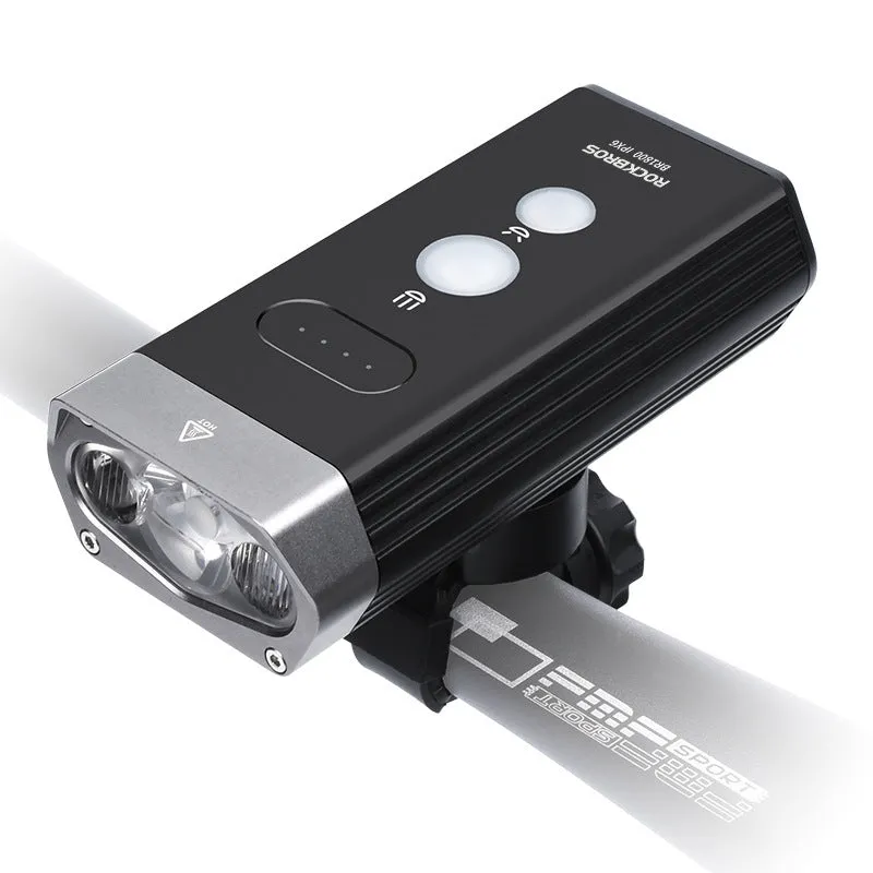 Waterproof bicycle headlight 1600 lumens CREE XML2 with power bank, black, mounted on handlebar