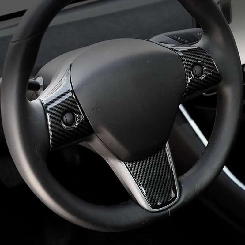 3 piece carbon fibre look ABS plastic steering wheel trim set for Tesla Model 3 with logo