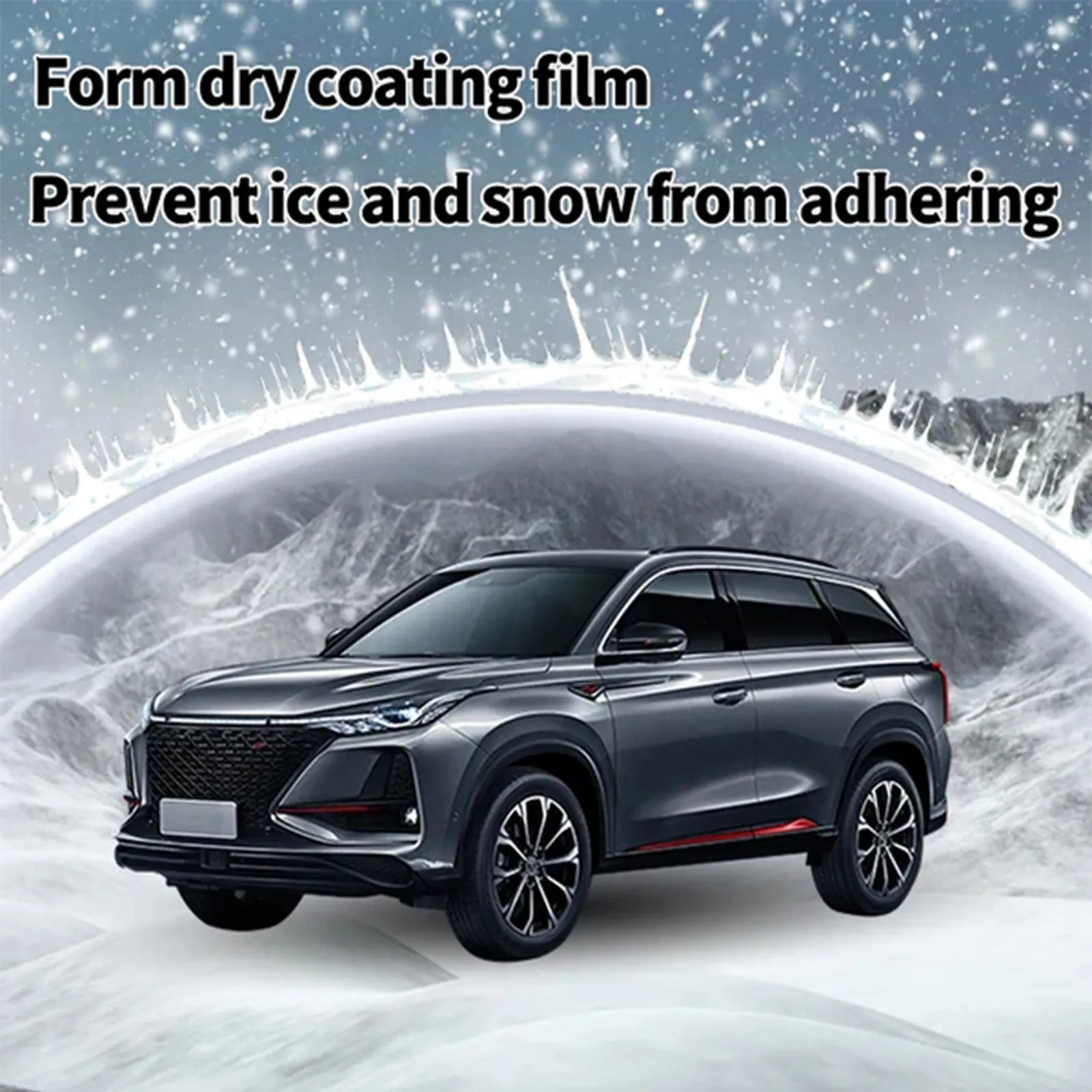 Compact PE plastic car snow brush with hydrophobic nano coating spray, measuring 5x9x14cm.