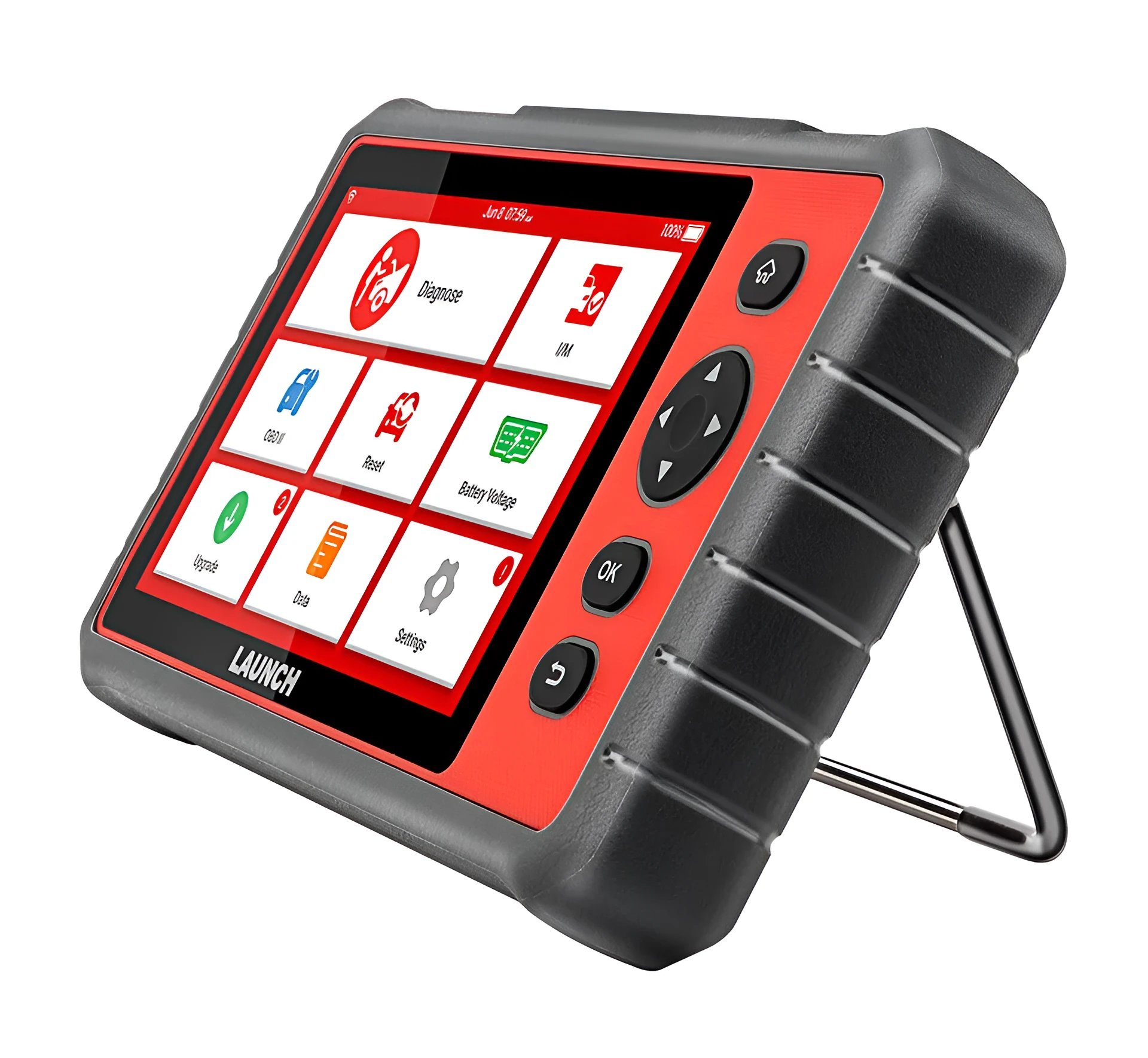 Red car fault decoder with 7 inch IPS touch screen displaying diagnostic data, with Mini USB and power button visible
