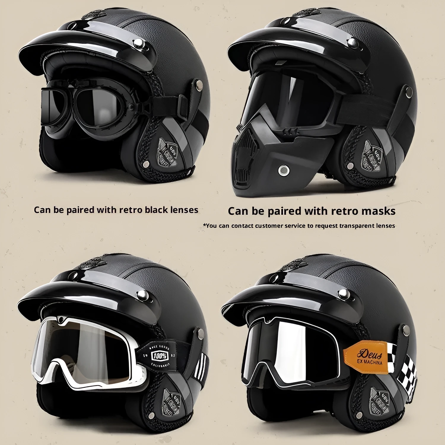 3C certified retro motorcycle helmet in matte black with ABS shell for adult commuting