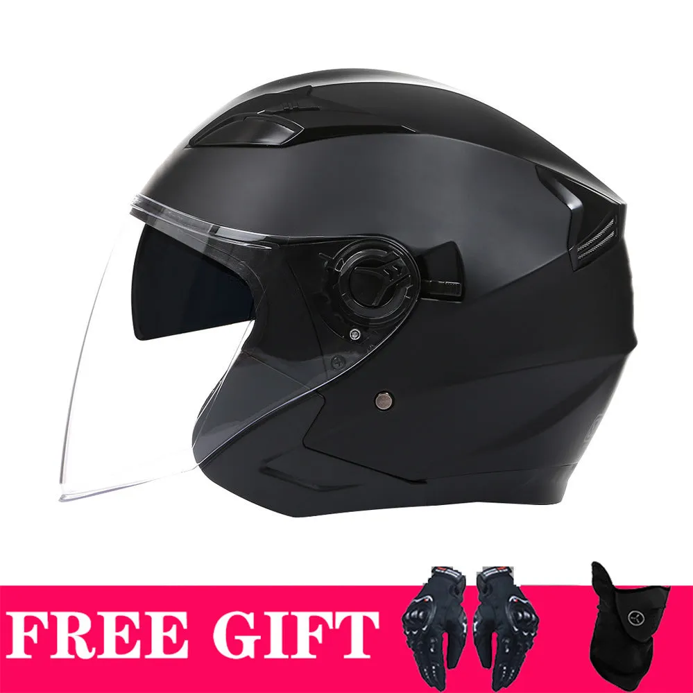 Double lens retro motorcycle helmet in matte black with ABS shell for electric motorcycle use