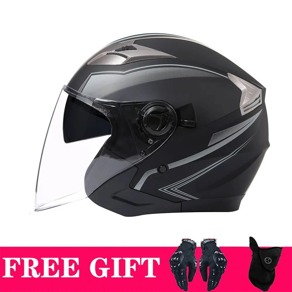 Double lens retro motorcycle helmet in matte black with ABS shell for electric motorcycle use