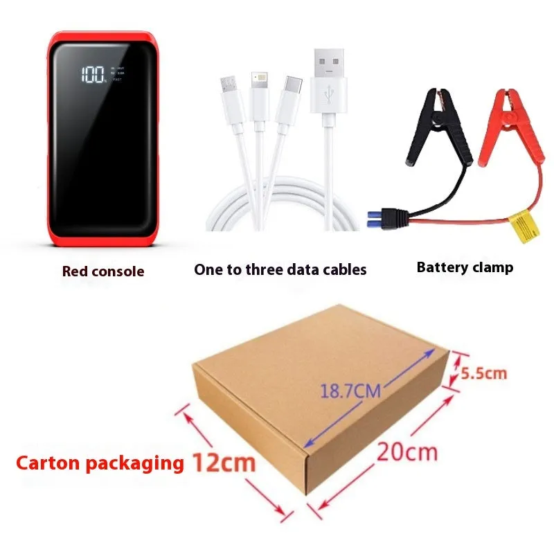 TM48 1200A car jump starter with battery clips, LED light, and USB port on a dark background