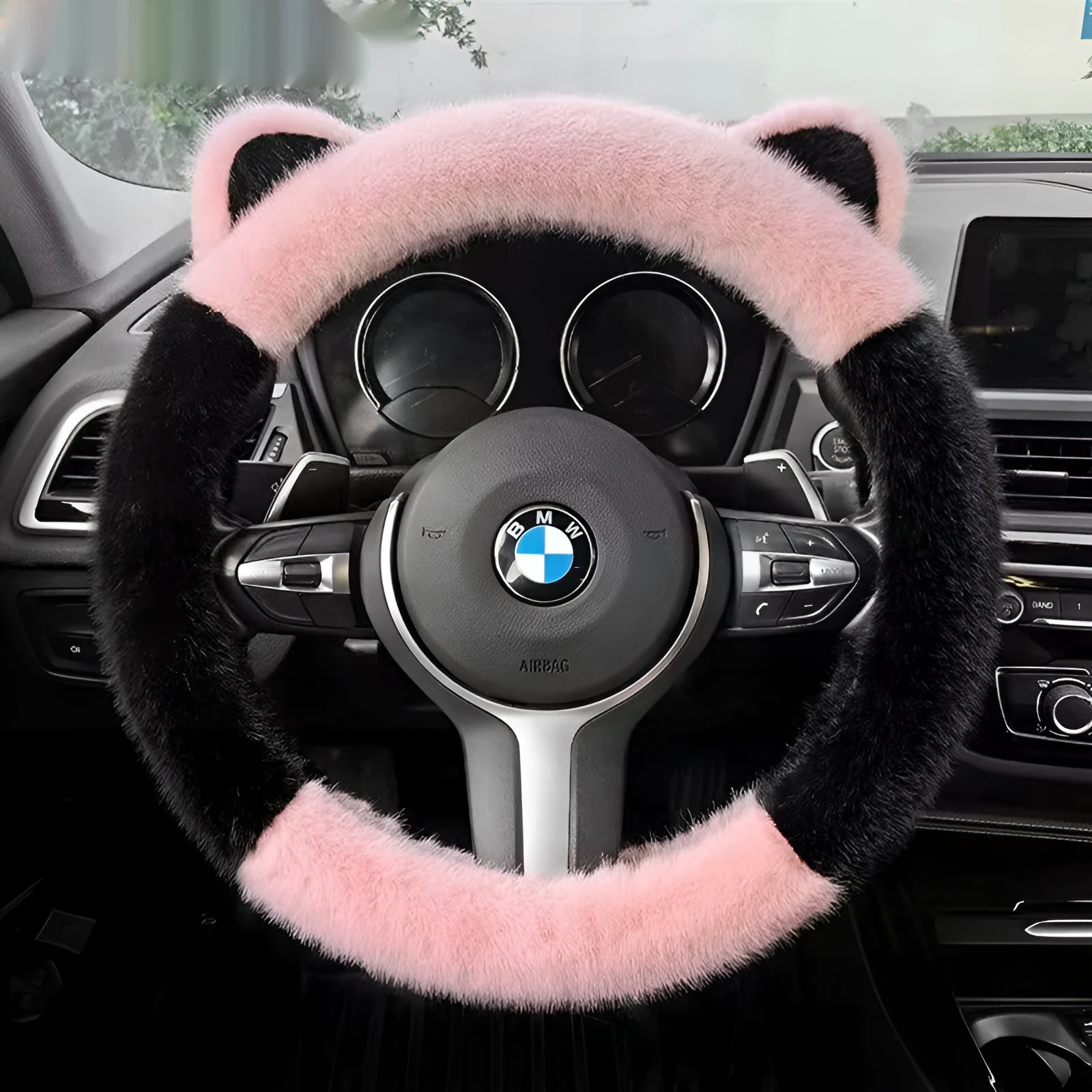 Car steering wheel cover in winter plush non-slip black white for 38 cm steering wheels