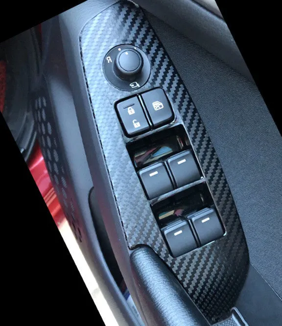 Set of four TPU protective films for car door switch panels in clear and textured black finishes.