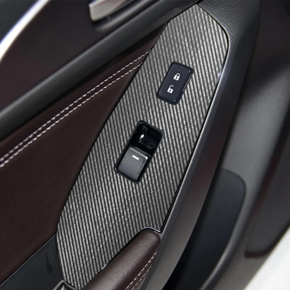 Set of four TPU protective films for car door switch panels in clear and textured black finishes.