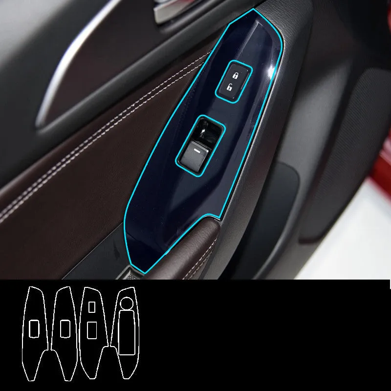 Set of four TPU protective films for car door switch panels in clear and textured black finishes.