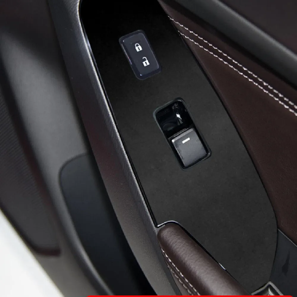 Set of four TPU protective films for car door switch panels in clear and textured black finishes.