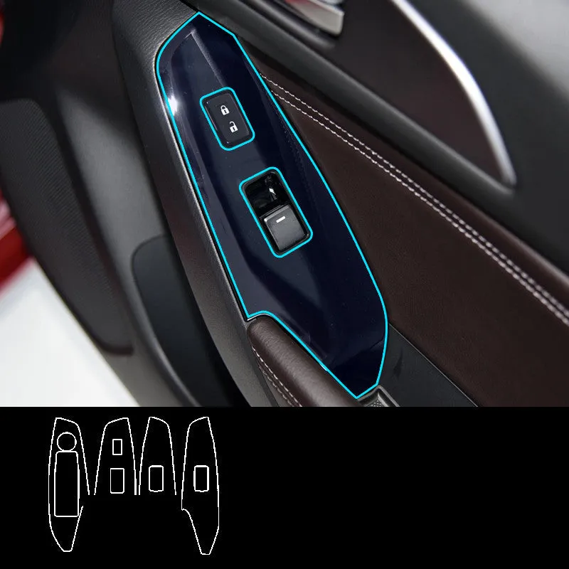 Set of four TPU protective films for car door switch panels in clear and textured black finishes.
