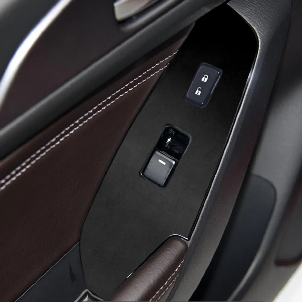 Set of four TPU protective films for car door switch panels in clear and textured black finishes.