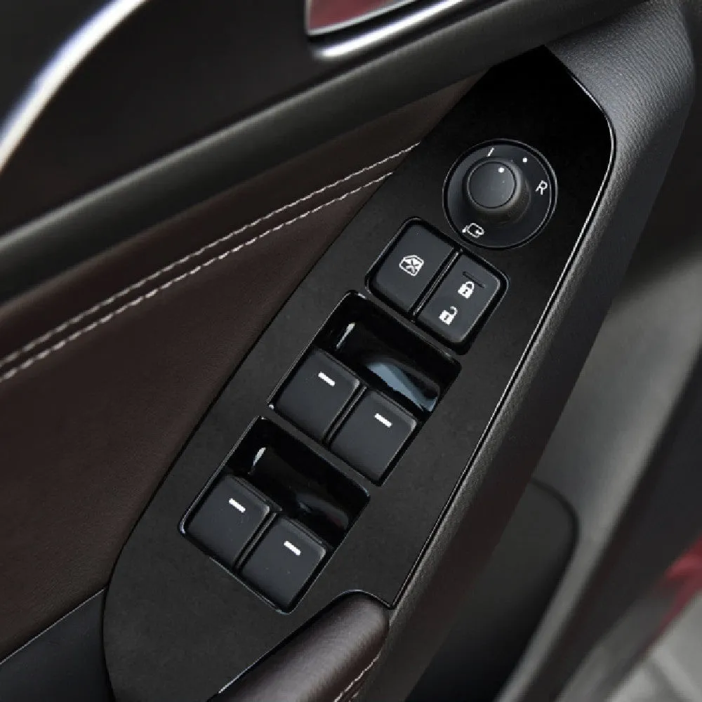 Set of four TPU protective films for car door switch panels in clear and textured black finishes.
