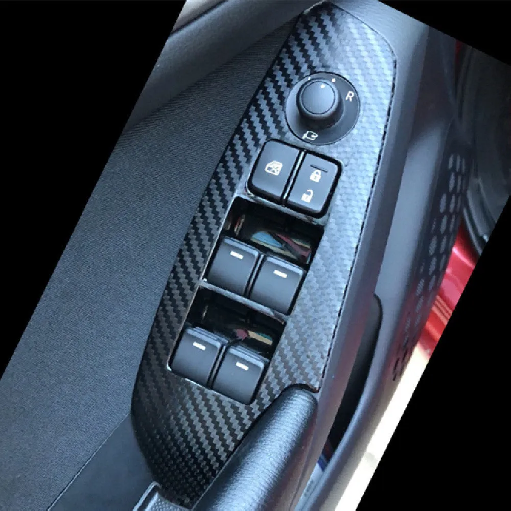 Set of four TPU protective films for car door switch panels in clear and textured black finishes.