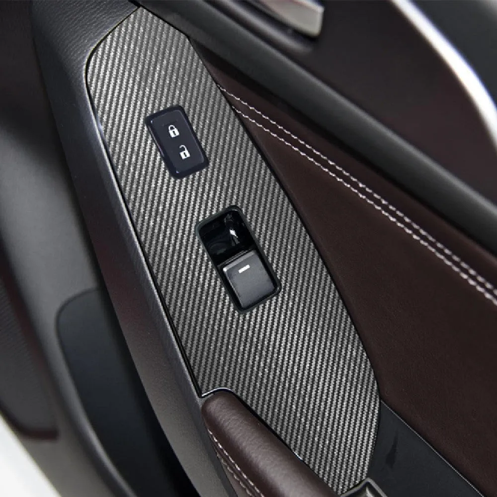 Set of four TPU protective films for car door switch panels in clear and textured black finishes.