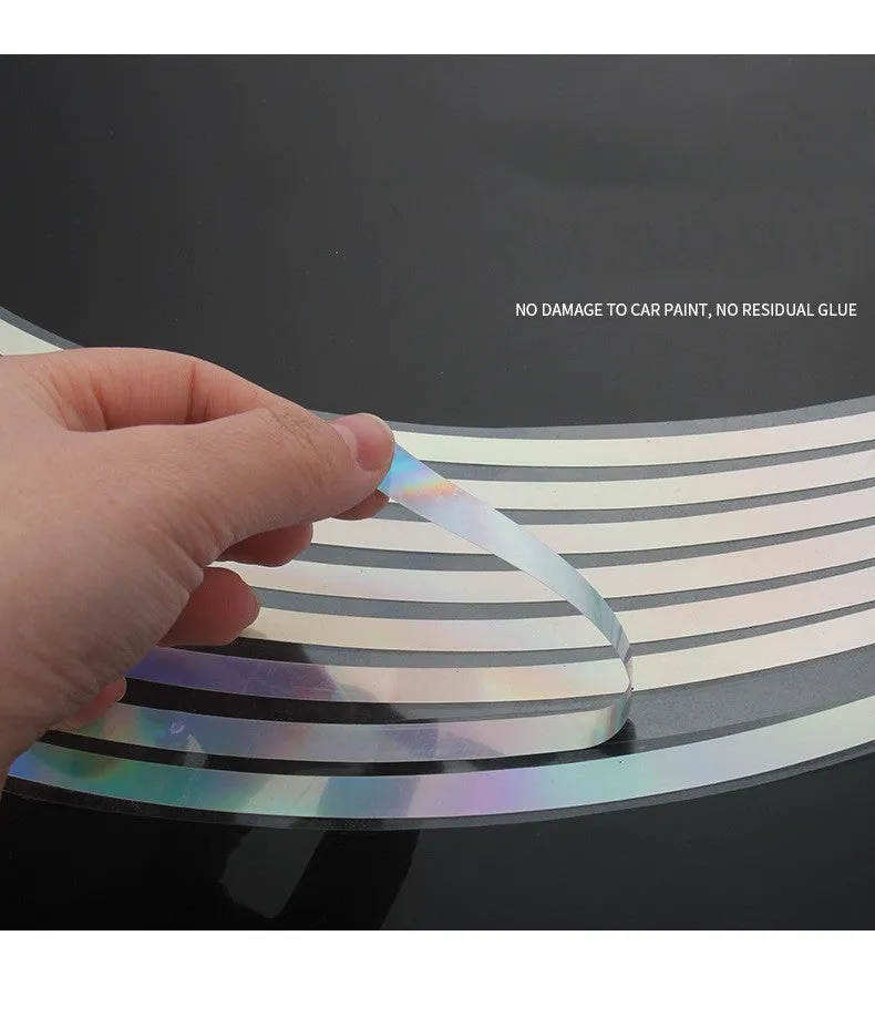 Pack of 16 laser-cut, waterproof reflective stickers for car and motorcycle wheel hubs.