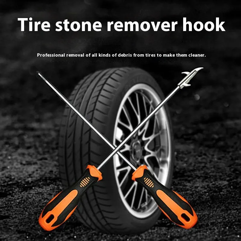 Black and yellow stone cleaning hook tool with stainless steel hook head for removing debris from tyre treads