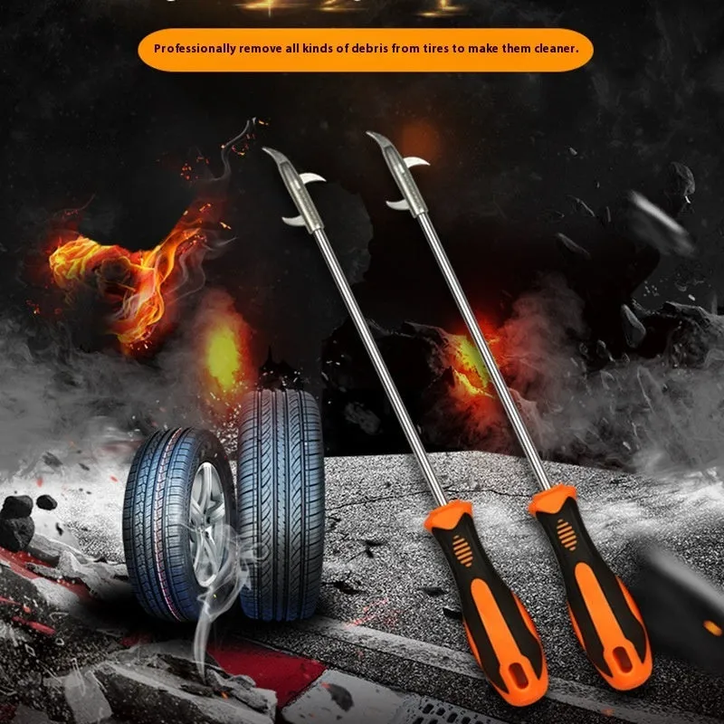 Black and yellow stone cleaning hook tool with stainless steel hook head for removing debris from tyre treads
