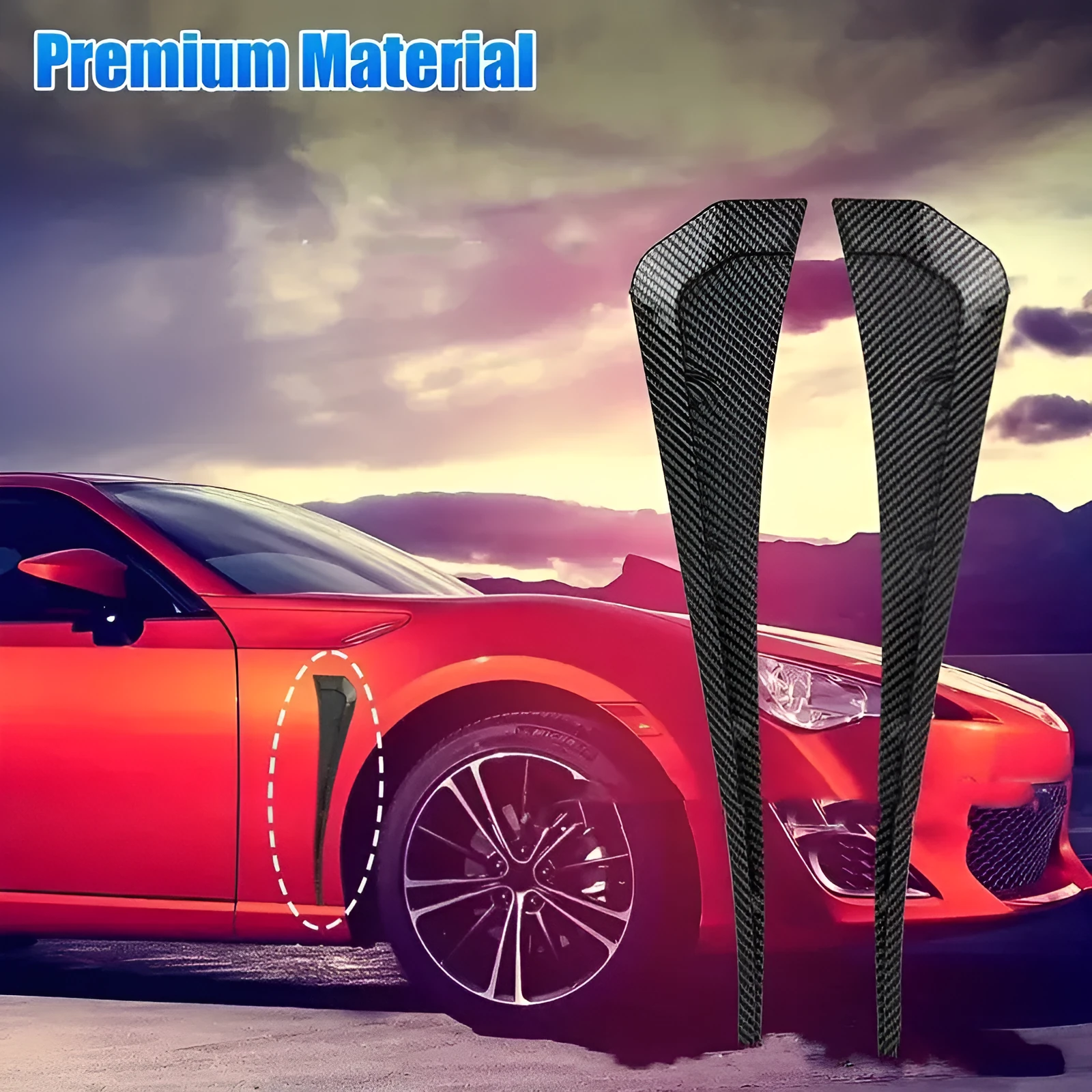 Pair of left and right rubber fender blade side wings for car modification in black and carbon fiber finish