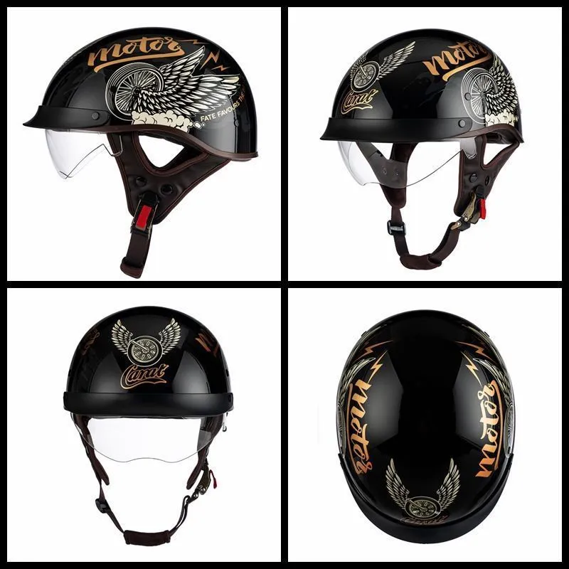 Retro full-face motorcycle helmet in Bright Black Whirlwind Dog colour, available in sizes M to 2XL for universal fit