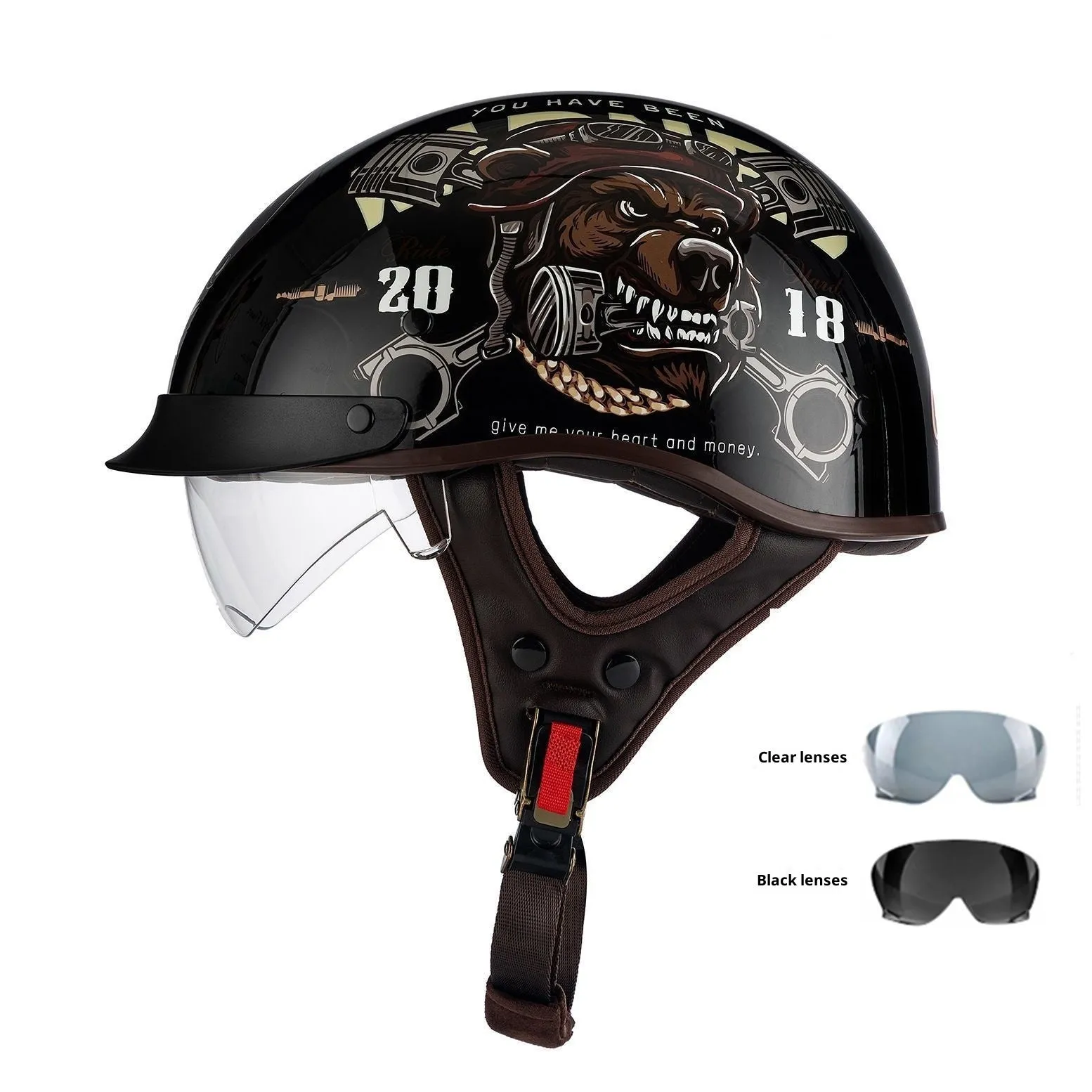 Retro full-face motorcycle helmet in Bright Black Whirlwind Dog colour, available in sizes M to 2XL for universal fit