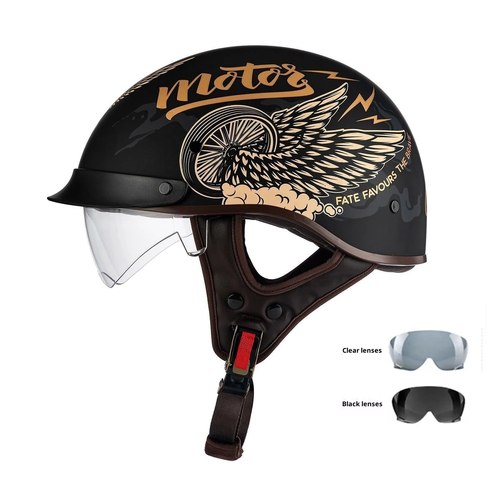 Retro full-face motorcycle helmet in Bright Black Whirlwind Dog colour, available in sizes M to 2XL for universal fit