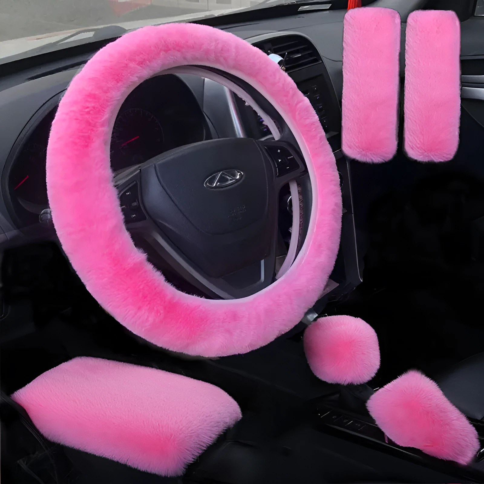 Sheepskin and wool steering wheel cover set of 6 pieces in various colours for 38cm wheel