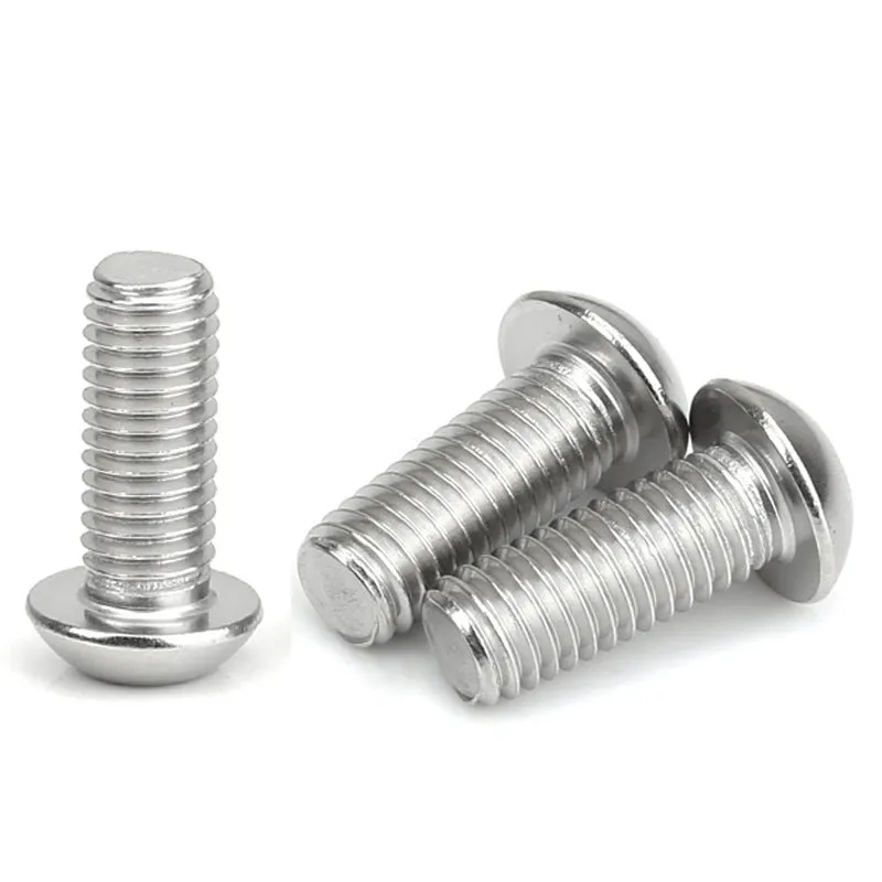 Stainless steel half round head pan head screw with hex socket drive, shown with a scale indicating 16mm head diameter.