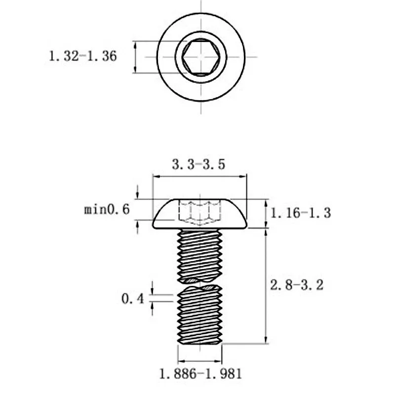 Stainless steel half round head pan head screw with hex socket drive, shown with a scale indicating 16mm head diameter.