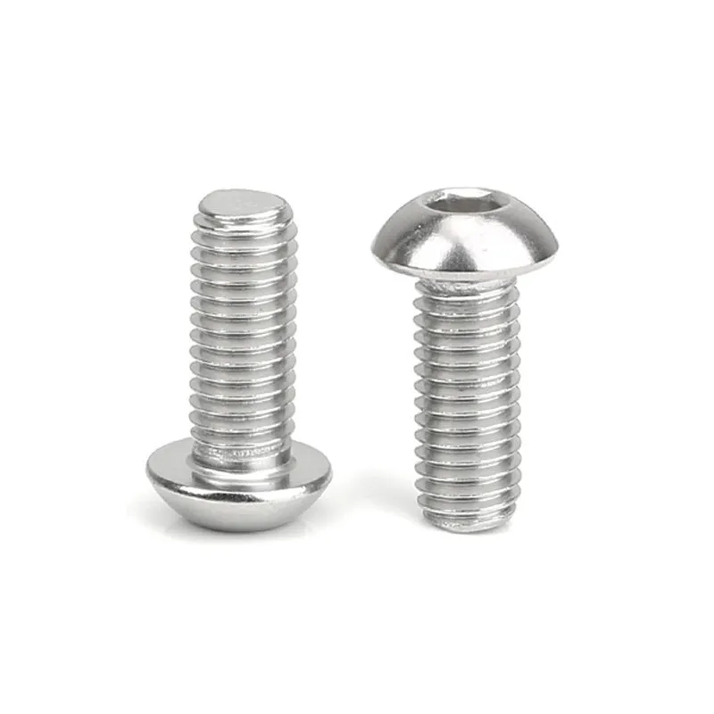 Stainless steel half round head pan head screw with hex socket drive, shown with a scale indicating 16mm head diameter.