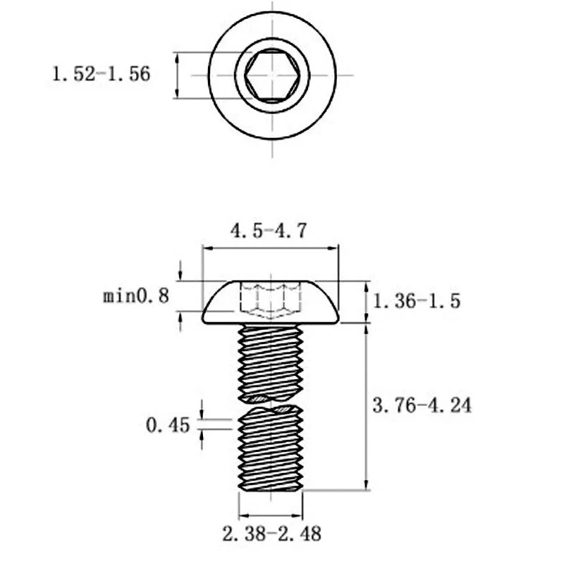 Stainless steel half round head pan head screw with hex socket drive, shown with a scale indicating 16mm head diameter.