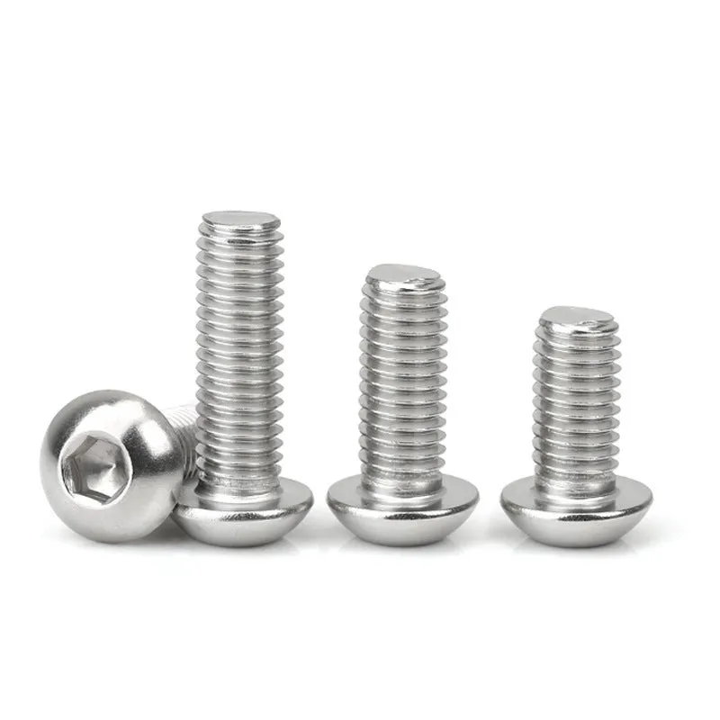 Stainless steel half round head pan head screw with hex socket drive, shown with a scale indicating 16mm head diameter.