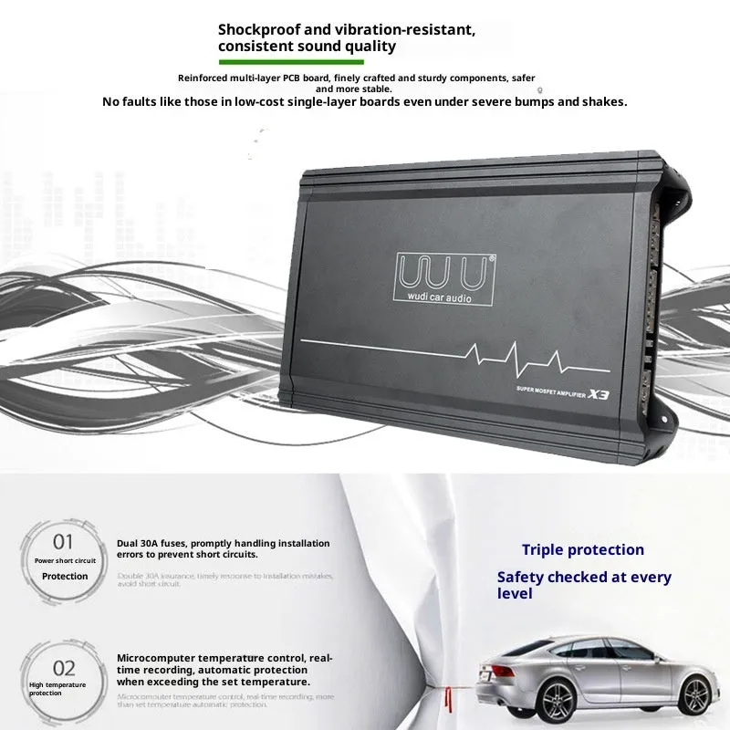 X3 car audio four-way amplifier with aluminium alloy casing and heatsink fins