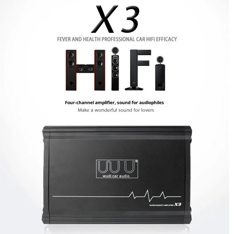 X3 car audio four-way amplifier with aluminium alloy casing and heatsink fins