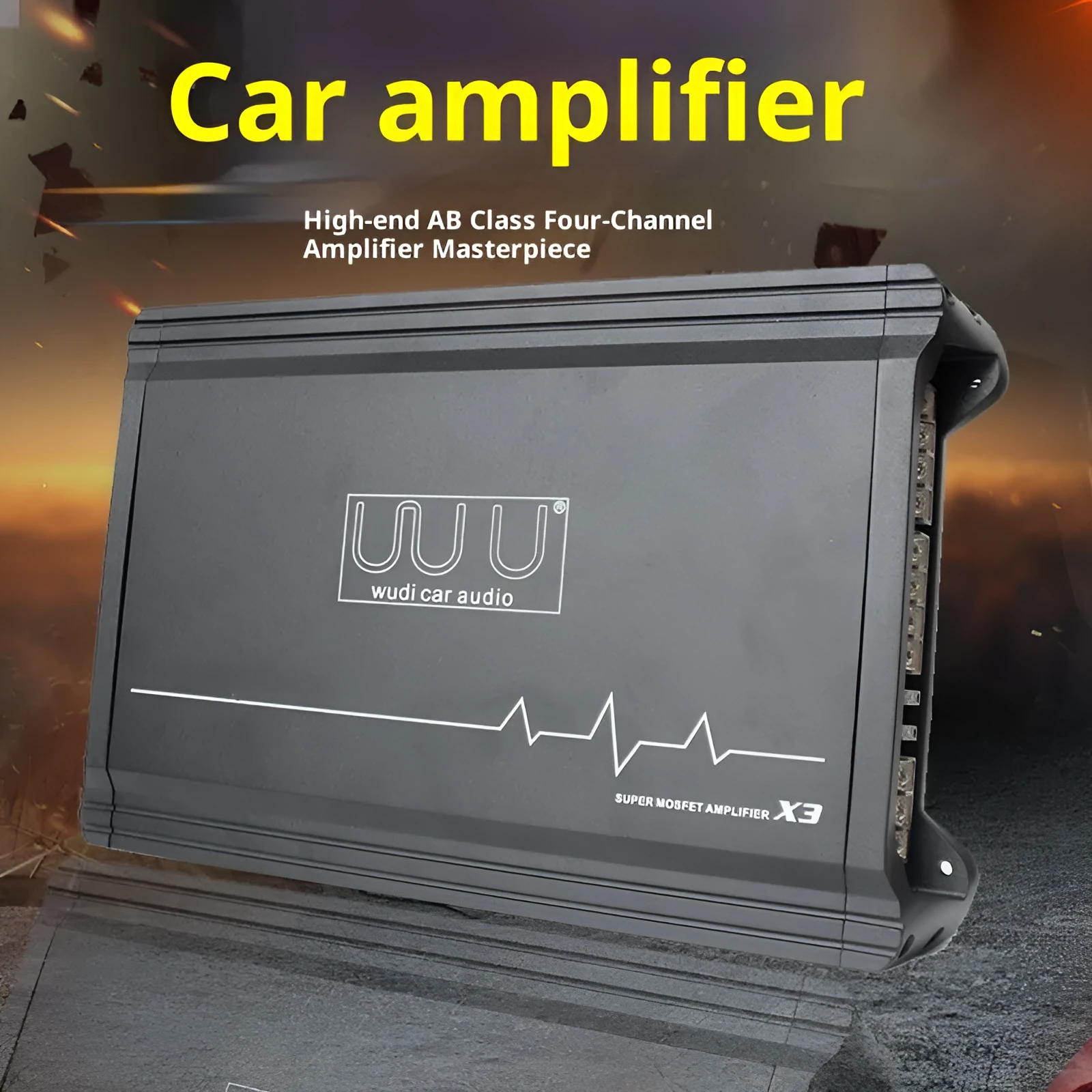 X3 car audio four-way amplifier with aluminium alloy casing and heatsink fins
