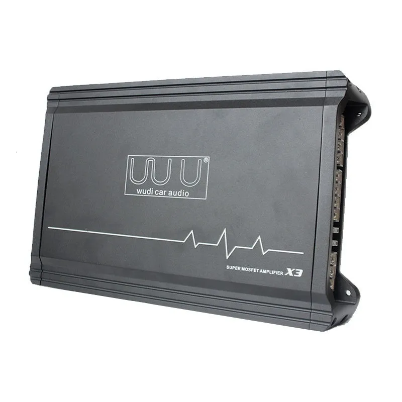 X3 car audio four-way amplifier with aluminium alloy casing and heatsink fins