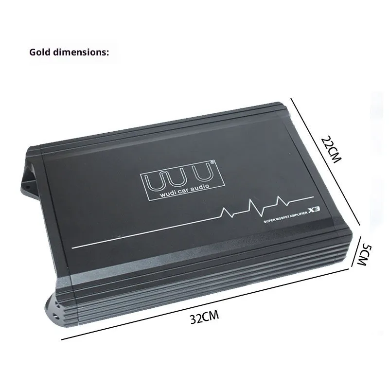 X3 car audio four-way amplifier with aluminium alloy casing and heatsink fins