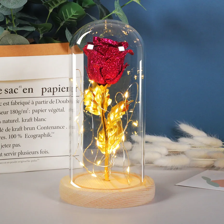 Eternal rose with LED light in glass cover, six colour options available, handmade copper wire.