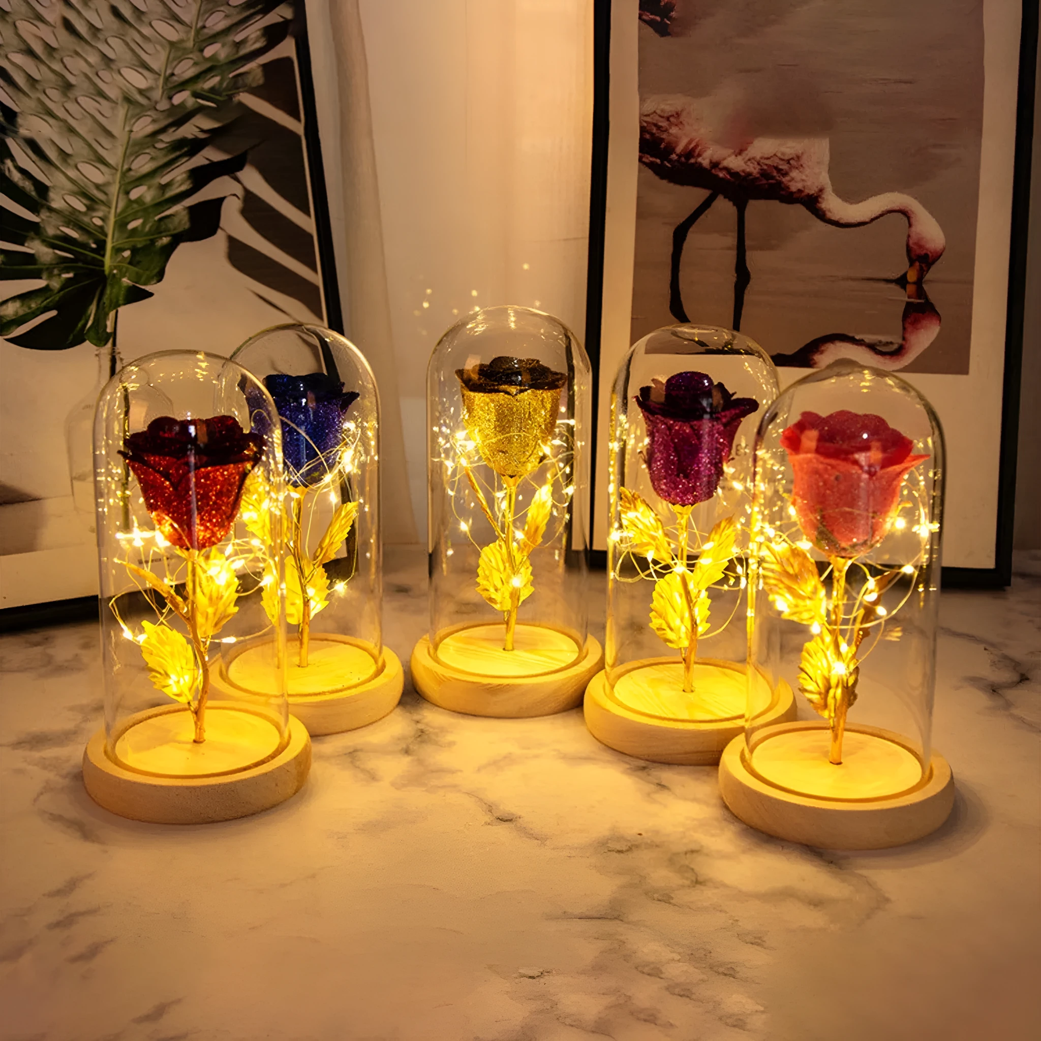 Eternal rose with LED light in glass cover, six colour options available, handmade copper wire.