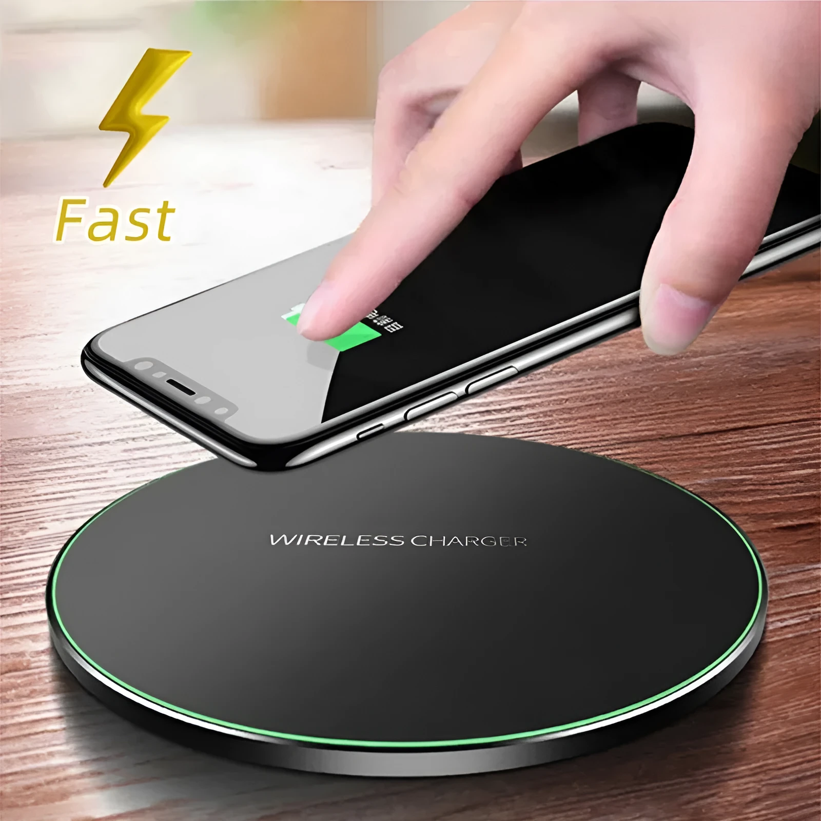 Black 98mm wireless charging pad with copper coil for 9V fast charging iPhone and Samsung