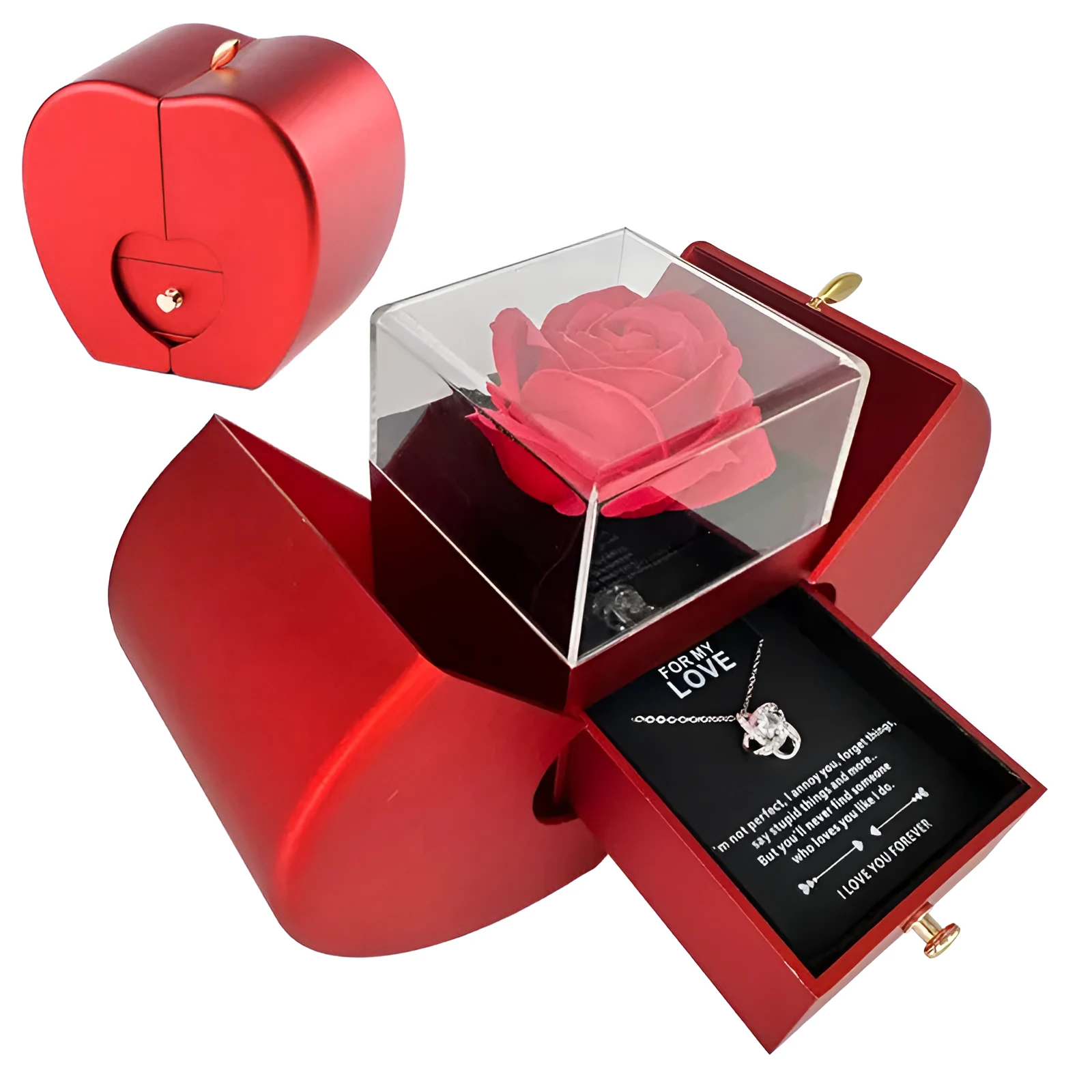 Red apple-shaped jewelry box with eternal soap flower rose and silver necklace inside