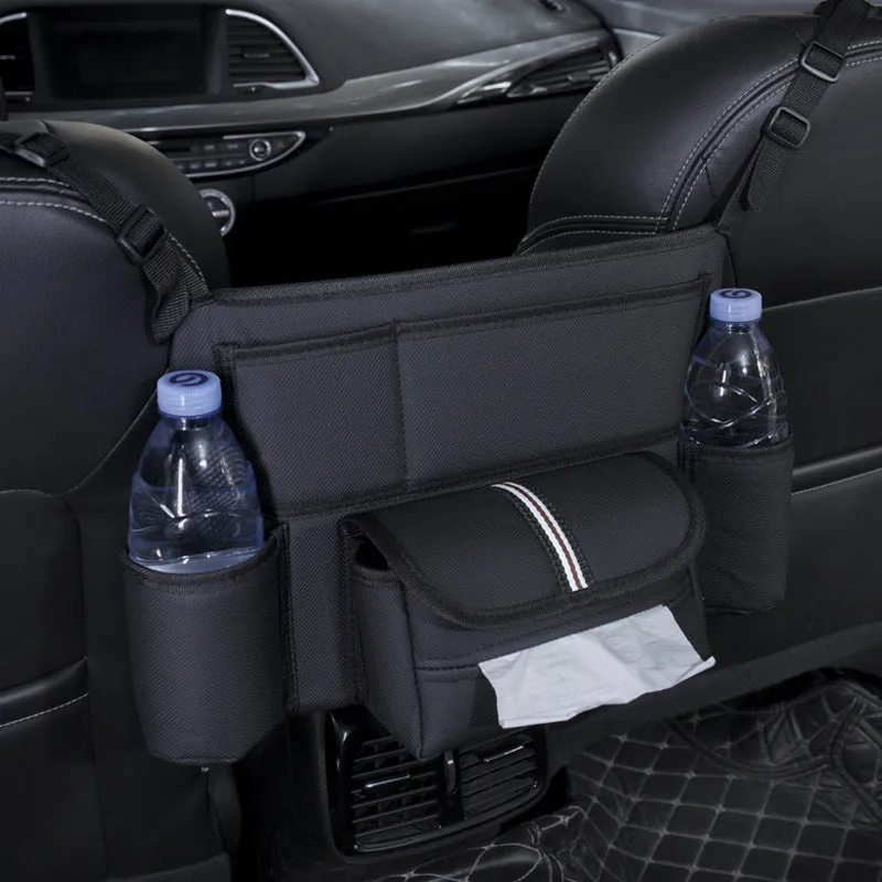 Black leather car seat storage bag with integrated hanging armrest tissue box between vehicle seats