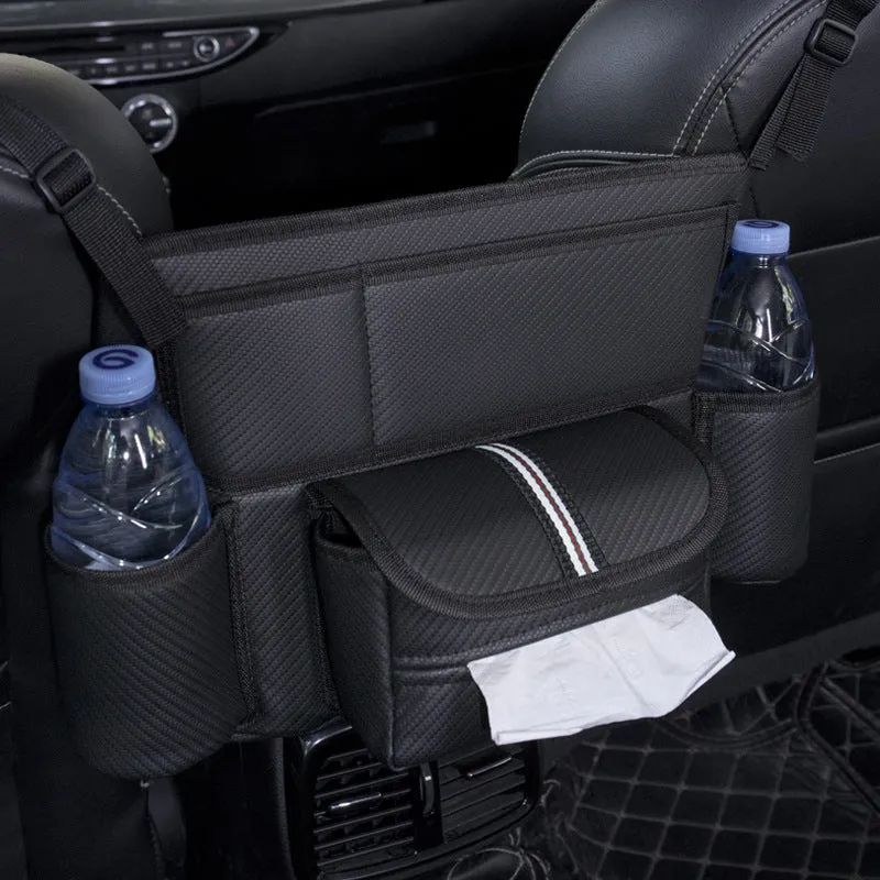 Black leather car seat storage bag with integrated hanging armrest tissue box between vehicle seats
