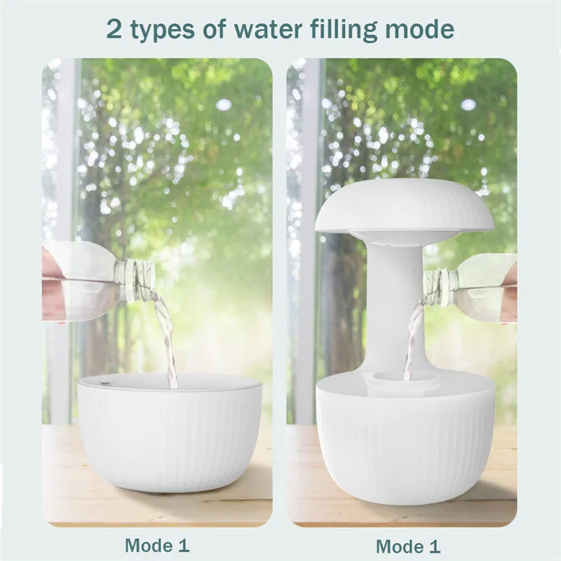 White anti-gravity air humidifier with ultrasonic mist levitating water drops on a desk