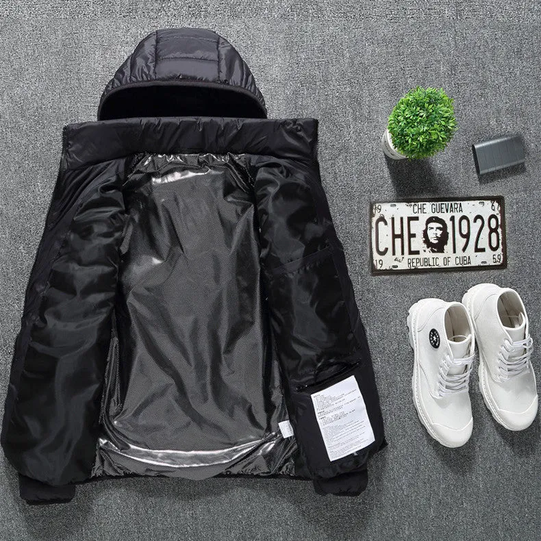 Winter heated jacket with USB carbon fibre heating, removable hood, available in black, blue, and red colours