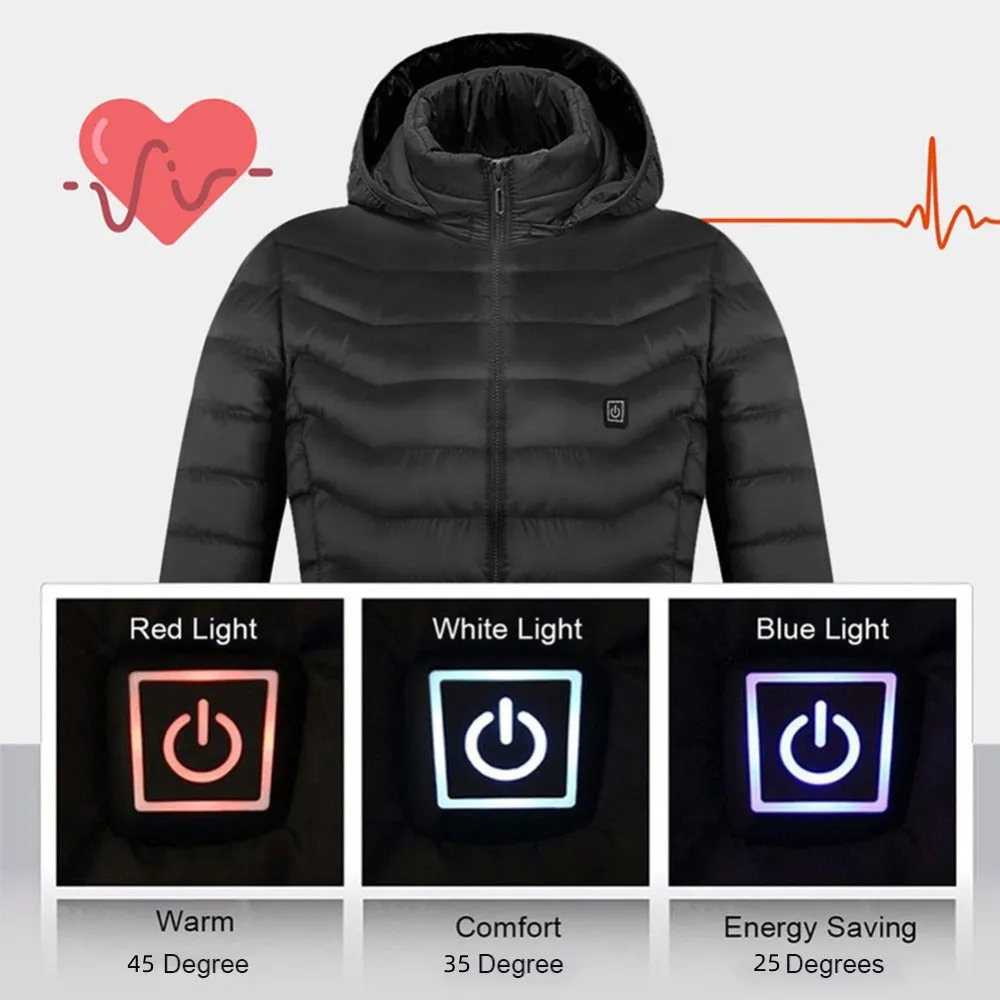 Winter heated jacket with USB carbon fibre heating, removable hood, available in black, blue, and red colours