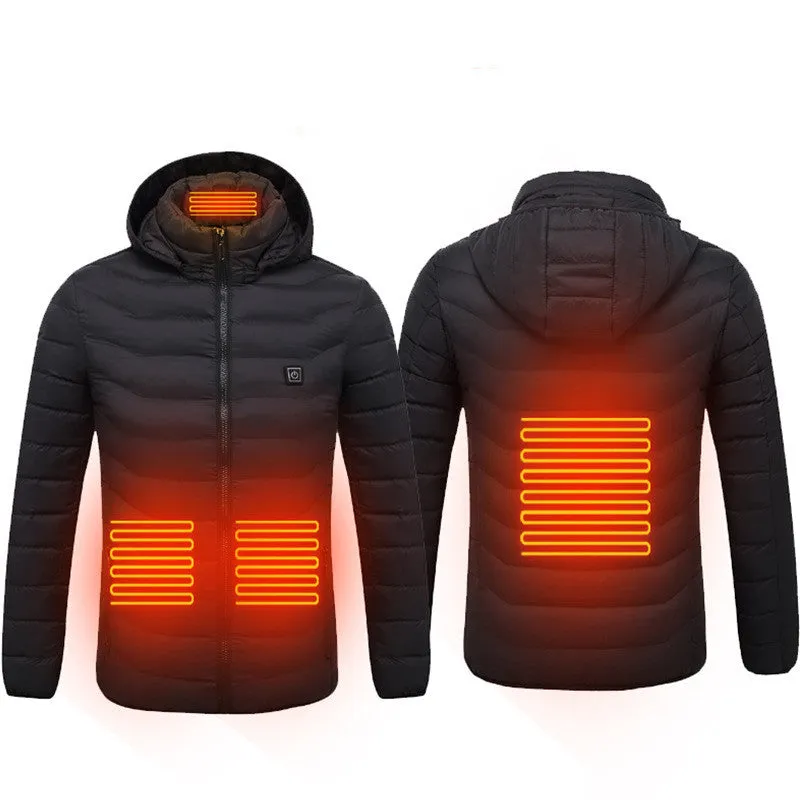 Winter heated jacket with USB carbon fibre heating, removable hood, available in black, blue, and red colours