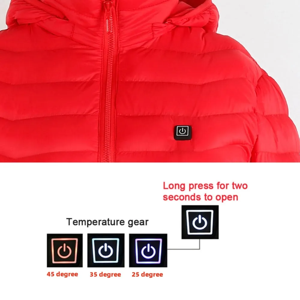 Winter heated jacket with USB carbon fibre heating, removable hood, available in black, blue, and red colours