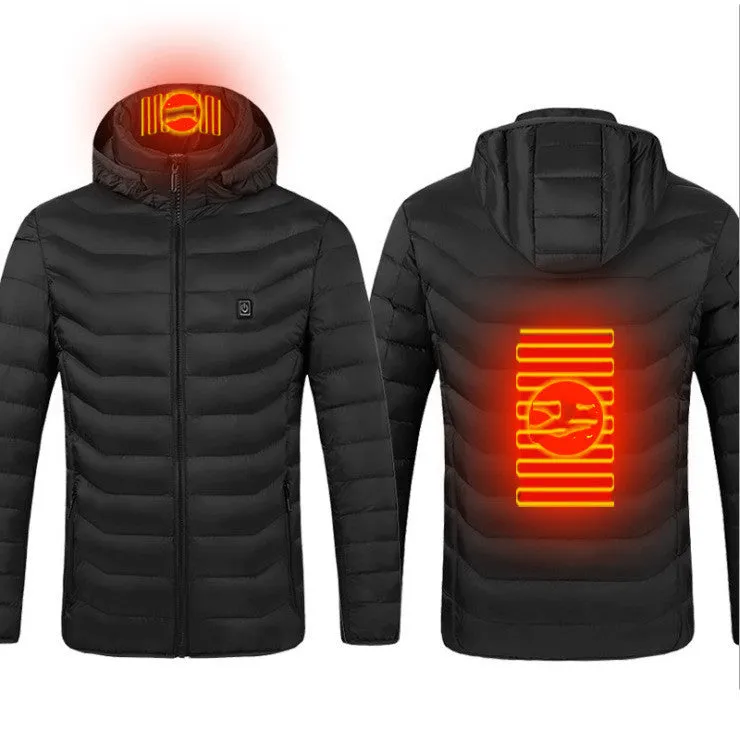 Winter heated jacket with USB carbon fibre heating, removable hood, available in black, blue, and red colours